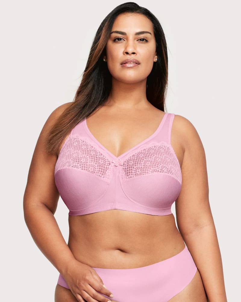 Front of a model wearing a size 44C MagicLift Moisture Control Bra in Pink Heather by Glamorise. | dia_product_style_image_id:262850
